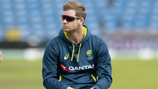 Australia's Steve Smith, centre, watches during a nets training session at Headingley. Picture: AP