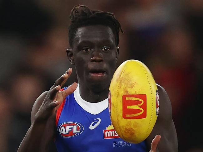 MELBOURNE, AUSTRALIA - July 21, 2023. AFL .        Bulldog Buku Khamis during the round 19 match between Essendon and Western Bulldogs at Marvel Stadium on July 21, 2023, in Melbourne, Australia. Photo by Michael Klein.