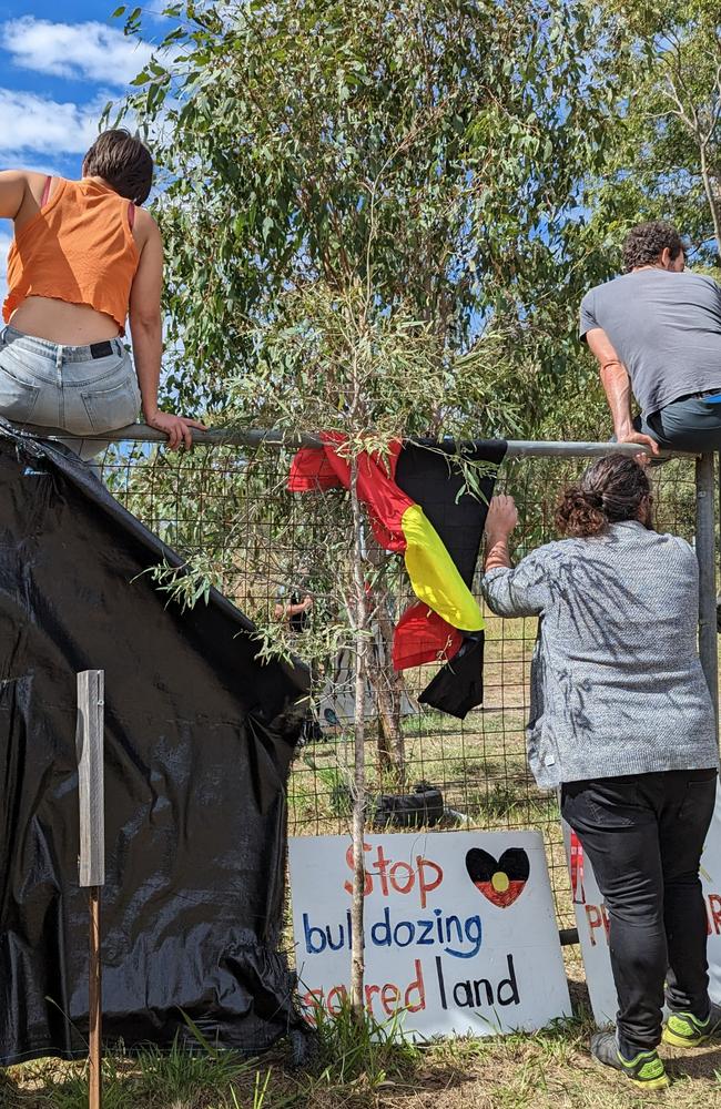 Protesters outside a Deebing Heights site after its First Nations occupants were evicted this morning, May 2. Picture: Nicola McNamara