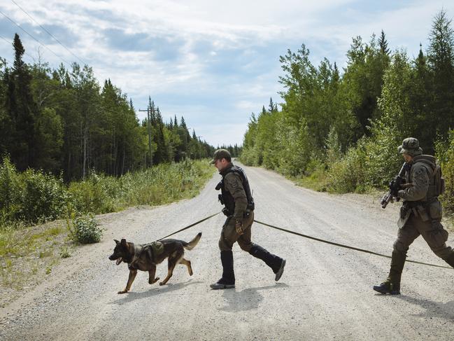 Royal Canadian Mounted Police Emergency Response Team near where the burnt-out Toyota Rav 4 driven by Kam McLeod and Bryer Schmegelsky was found. Picture: Angus Mordant