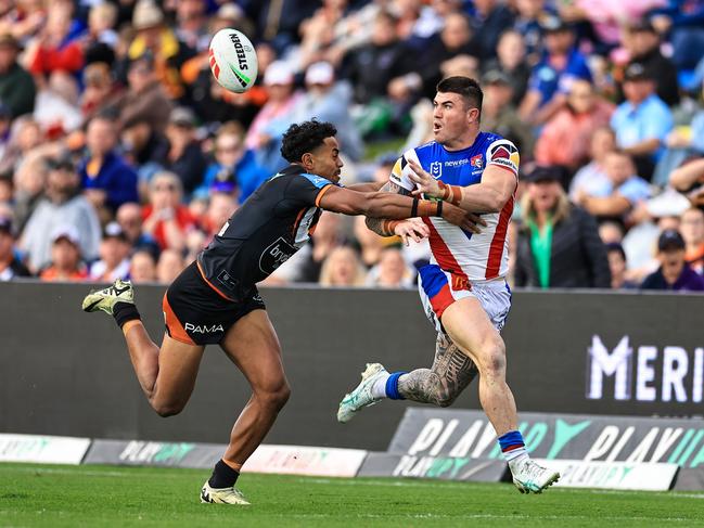 Knights star Bradman Best put up his hand for Origin reselection with a barnstorming performance against the Tigers. Picture: Getty Images