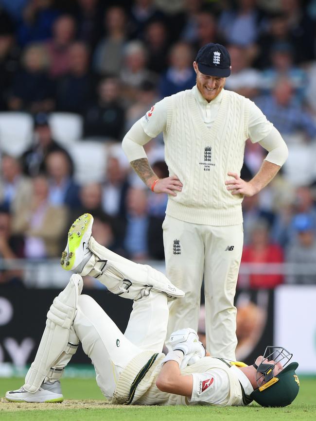 Ben Stokes looks on as Australian batsman Marnus Labuschagne’s recovery continues. Picture: Stu Forster/Getty