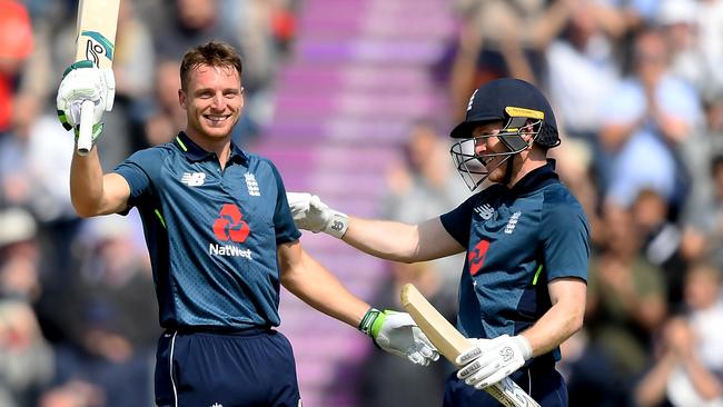 The powerhouse batting of Jos Buttler (L) is the centrepiece of England’s explosive line-up. Picture: Getty