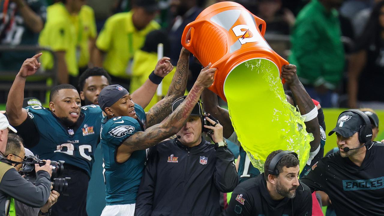 Coach Nick Sirianni was covered in gatorade as the clock ticked down. (Photo by Jamie Squire/Getty Images)