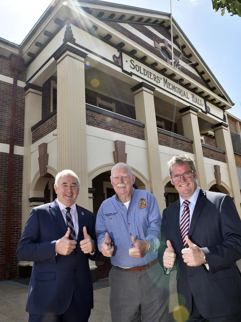 Celebrating securing funding for a $4.4 million refurbishment of the Soldiers Memorial Hall in March 2019 are (from left) Toowoomba Mayor Paul Antonio, former Toowoomba RSL sub-branch president Roland Thompson and former Groom MP John McVeigh.