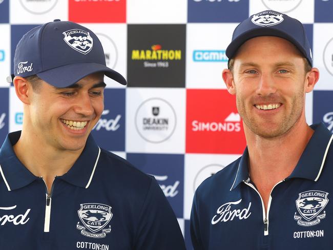 Cats Oisin Mullin and Jed Bews speaking at a press conference at Moriac Primary School as part of Geelong's community camp. Picture: Alison Wynd