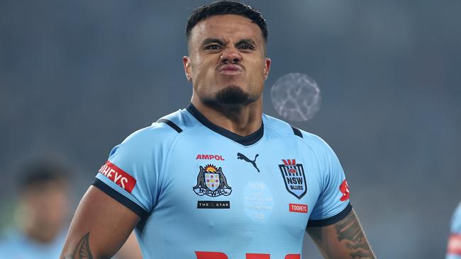 SYDNEY, AUSTRALIA - JUNE 05:  Spencer Leniu of the Blues runs onto the field during game one of the 2024 Men's State of Origin Series between New South Wales Blues and Queensland Maroons at Accor Stadium on June 05, 2024 in Sydney, Australia. (Photo by Cameron Spencer/Getty Images)