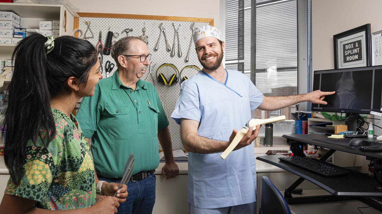 Darling Downs Health Department of Orthopaedics (from left) orthopaedic physiotherapist Manomi Weerasinghe, enrolled nurse advanced practice Martin Sweeney and Associate Professor Chris Wall who is leading research into joint replacement and links to obesity, Friday, August 9, 2024. Picture: Kevin Farmer