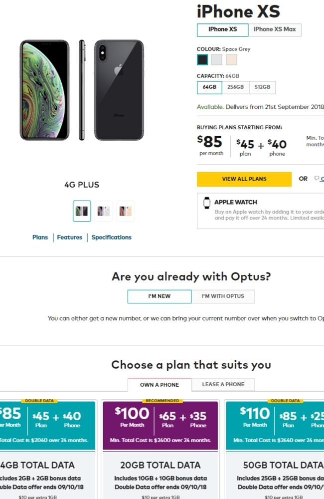 Screen shot of leaked Optus pricing for the new iPhone XS. 64GB, cheapest plans.