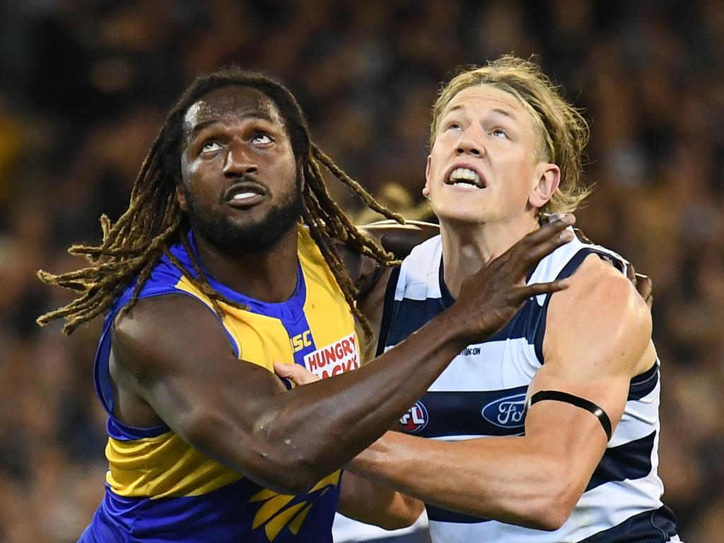 Nic Naitanui and Rhys Stanley tangle. Picture: Quinn Rooney