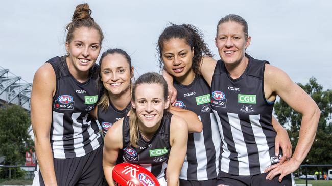 Collingwood women's team members Emma King, Nicola Stevens, Alicia Eva, Helen Roden and Meg Hutchins. Picture: Sarah Matray