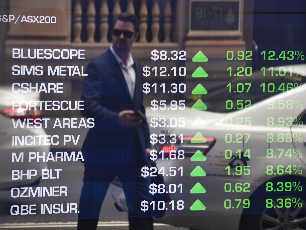 A pedestrian is reflected in the window of the Australian Securities Exchange (ASX) showing stocks gains during opening trading in Sydney on November 10, 2016. Australian stocks surged 2.85 percent at the open on the back of a rally in commodities with investors betting US president-elect Donald Trump will pursue business-friendly policies. / AFP PHOTO / PETER PARKS