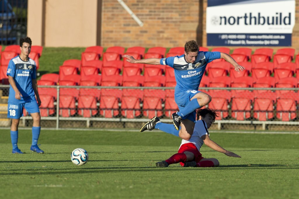 Jacob Bigby for South West Queensland Thunder against Redlands United in NPL Queensland men round eight football at Clive Berghofer Stadium, Saturday, March 23, 2019. Picture: Kevin Farmer