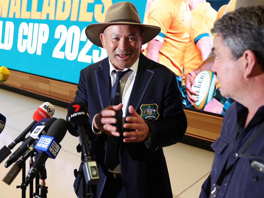 Jones speaks to media at that now infamous airport press conference. Picture: Mark Metcalfe/Getty Images