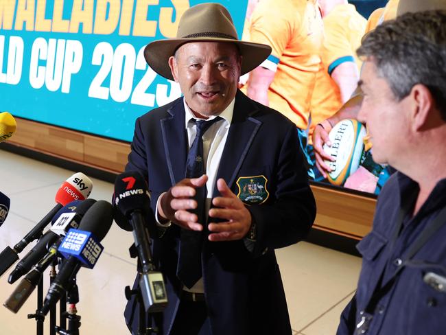 Jones speaks to media at that now infamous airport press conference. Picture: Mark Metcalfe/Getty Images