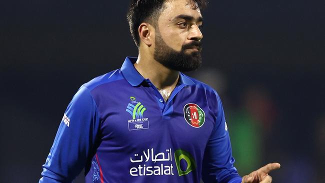 SHARJAH, UNITED ARAB EMIRATES - MARCH 18: Rashid Khan of Afghanistan gestures  during the Men's Twenty20 International match between Afghanistan and Ireland on March 18, 2024 in Sharjah, United Arab Emirates. (Photo by Francois Nel/Getty Images)