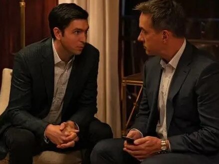 Nicholas Braun as Cousin Greg and Matthew Macfadyen as Tom Wambsgans on Succession. Picture: Binge