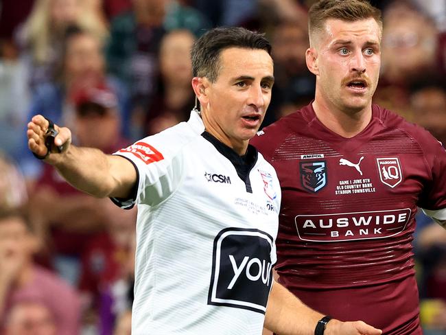 Cameron Munster talk to the referee in action during Game 1 of the 2021 State of Origin Series between Queensland and NSW at Queensland Country Bank Stadium, in Townsville. Pics Adam Head