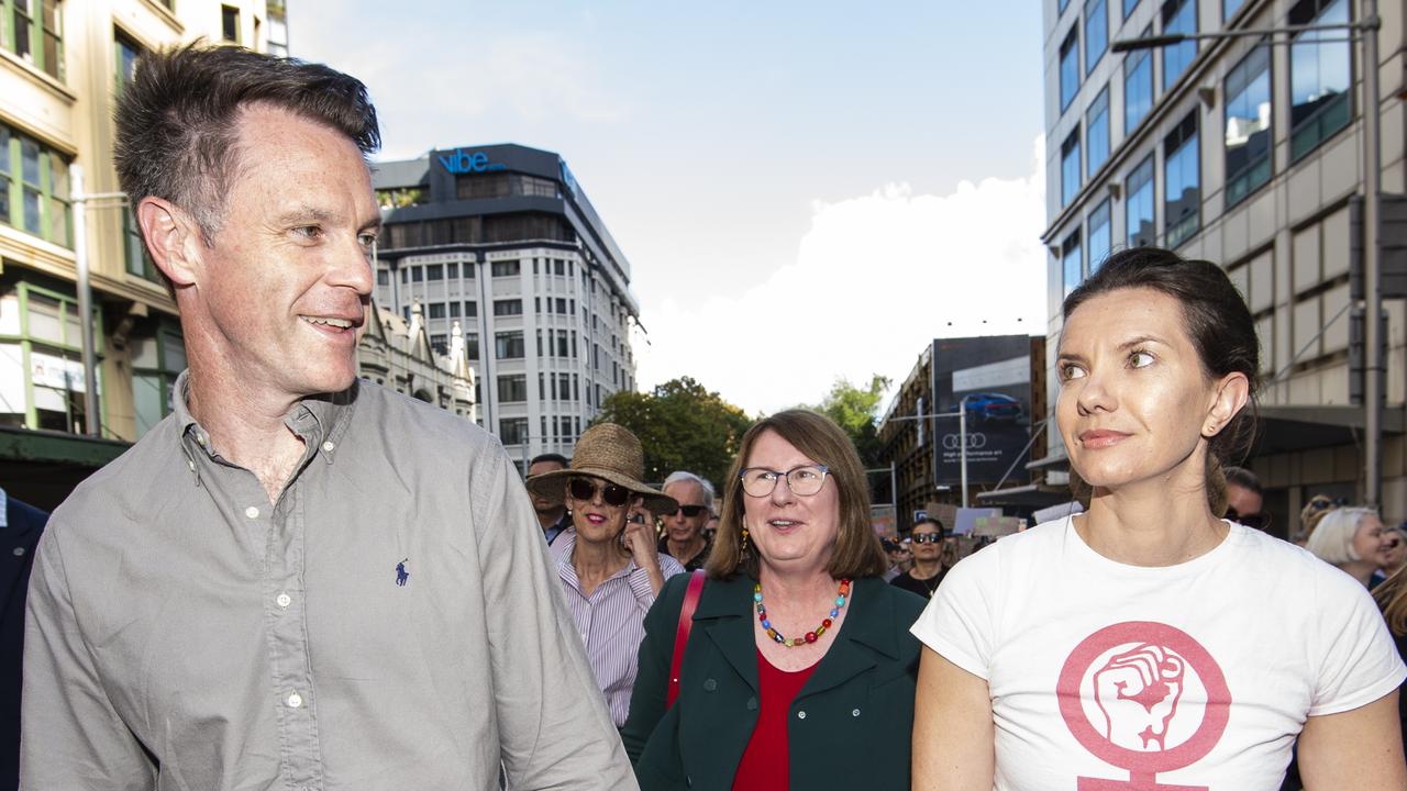 NSW Premier Chris Minns pictured marching with family at The "No More! National Rally Against Violence march in Sydney from Belmore Park at 1PM marching to Hyde Park.Picture: NCA NewsWire / Monique Harmer