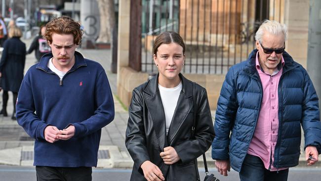 Family of MAFS and Only Fans star Sebastian Guilhaus leave the Adelaide Magistrates Court after he was granted bail. He is charged with significant drug trafficking. Picture: NCA NewsWire / Brenton Edwards