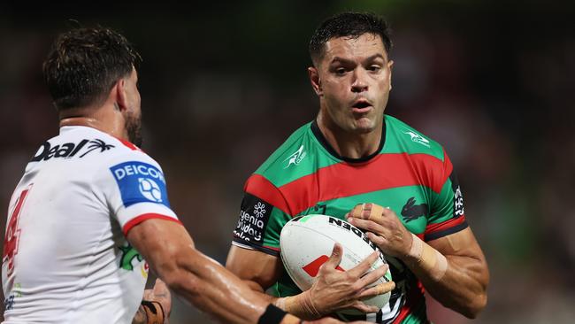 SYDNEY, AUSTRALIA - FEBRUARY 17: Braidon Burns of the Rabbitohs is tackled during the NRL Pre-Season Challenge round one match between St George Illawarra Dragons and South Sydney Rabbitohs at Netstrata Jubilee Stadium on February 17, 2024 in Sydney, Australia. (Photo by Matt King/Getty Images)