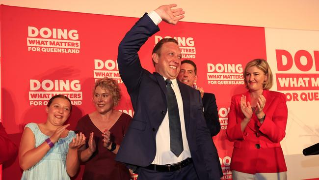 Premier Steven Miles with his daughter Bridie, 10, wife Kim, Deputy Premier Cameron Dick and Health Minister Shannon Fentiman at his party’s campaign launch at the North Lakes Community Centre on Sunday. Picture: Adam Head