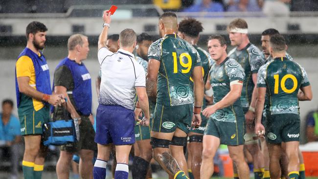 Wallaby Lukhan Salakaia-Loto is given a red card during the 2020 Tri-Nations match against Argentina. Picture: Mark Kolbe/Getty Images