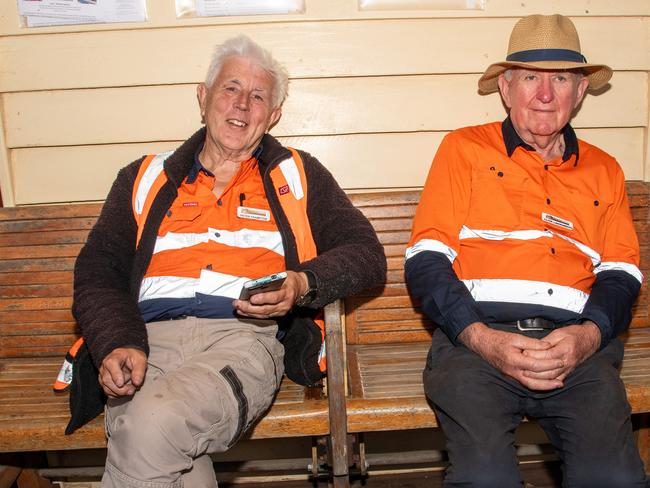 Volunteers, Peter Frampton (left) and Clive Lindenberg enjoying the atmosphere at Drayton Station as the "Pride of Toowoomba" takes it's first journey. Saturday May 18th, 2024 Picture: Bev Lacey