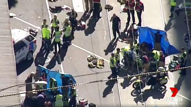 The scene near Flinders St after a car collide with pedestrians. Picture: 7 News