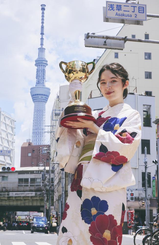 The Lexus Melbourne Cup trophy in Japan as part of the Melbourne Cup Tour. Picture: Supplied