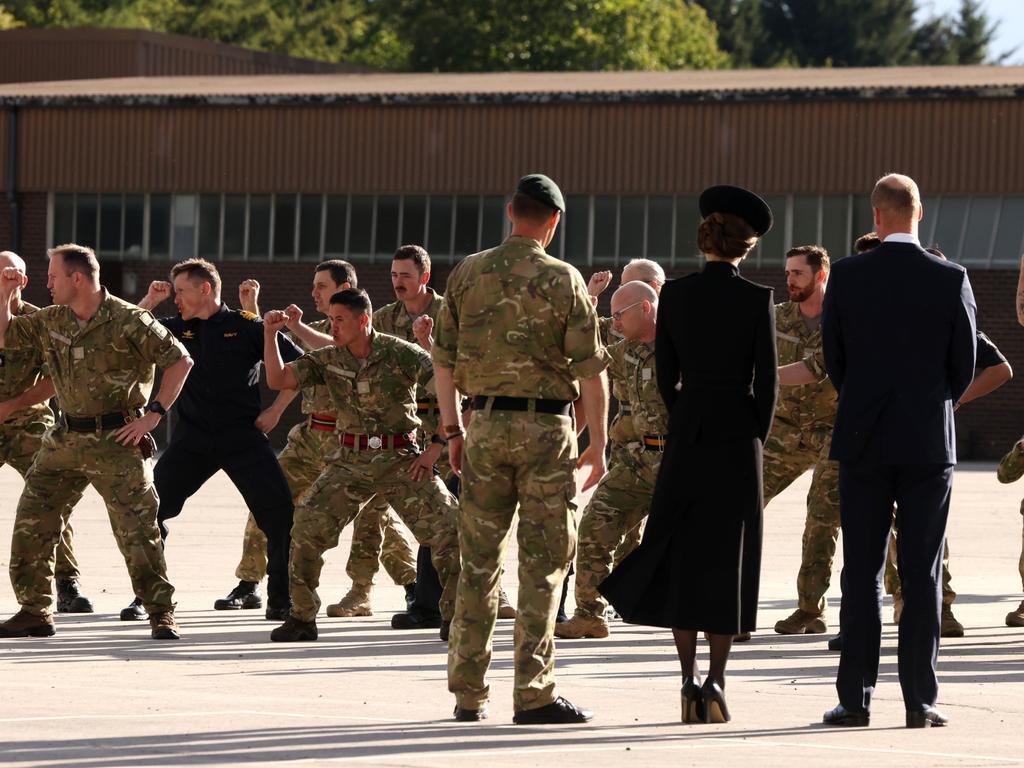 New Zealand troops perform a "Haka" for Prince William, Prince of Wales and Catherine, Princess of Wales. Picture: Getty Images.