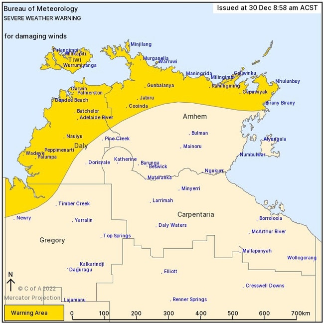 The Bureau of Meteorology has issued a severe weather warning for the Top End, with damaging winds expected to hit the Daly, Tiwi and parts of Arnhem and Gregory districts. Map: BOM