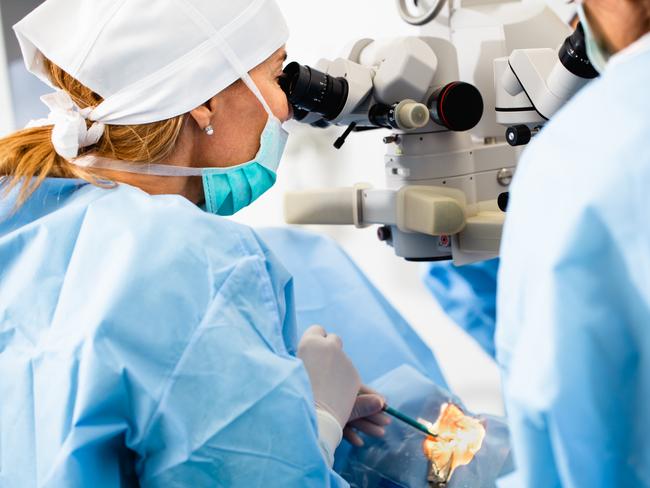 Eye surgery proccess, treatment of cataract and diopter correction. Surgical implementation of multifocal lens implants. Medical healthcare and technology theme.  Picture: istock