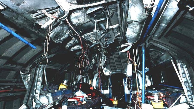 The interior of a London train after a bomb attack on July 7, 2005 between London's Kings Cross and Russell Square stations. This particular bomb attack, one of four that day, killed 27 people. Picture: AP