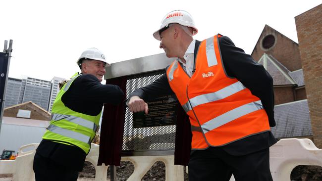 Parramatta Lord Mayor Bob Dwyer and Built managing director Brett Mason when construction started on the $130 million Parramatta Square 5. Picture: John Fotiadis