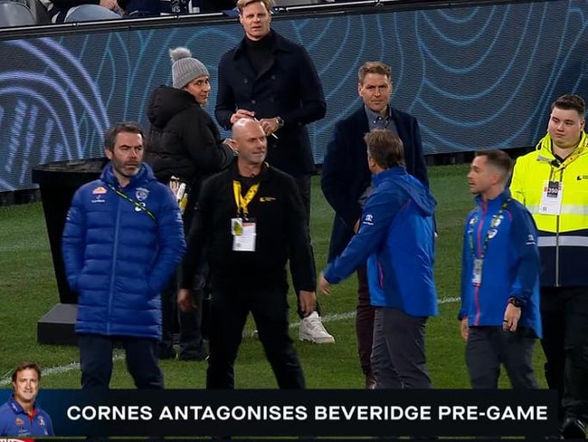 The latest apparent disgrace by Cornes was him daring to say g’day to Bulldogs coach Luke Beveridge.