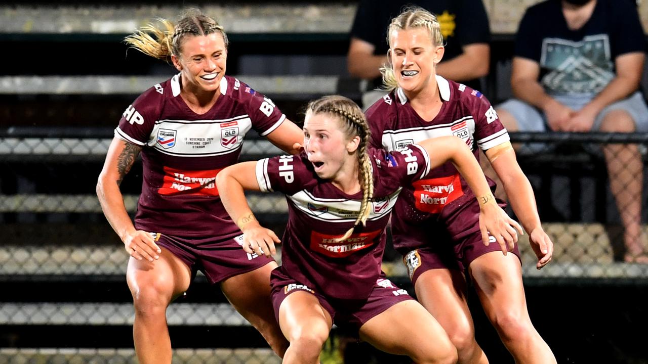 Tarryn Aiken oenjoyed her try-scoring moment as the Maroons finally won.