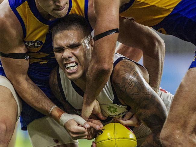 Michael Walters tried hard, but the Dockers were swamped by the reigning premiers. Picture: AAP