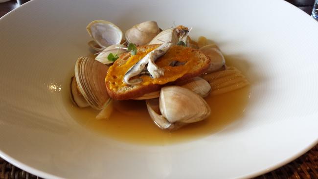 Cloudy Bay Diamond shell clams with tomato consommé, pickled white anchovy, touille croute, organic Zany Zeus ricotta cavatelli and preserved lemon.