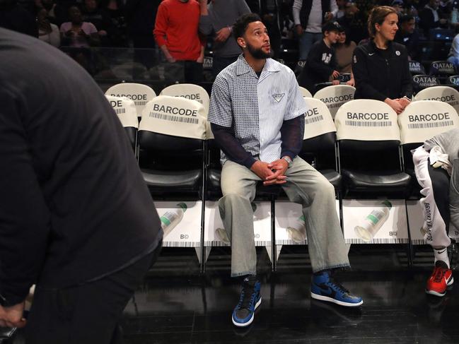 Ben Simmons looks on from the bench before the game against the Philadelphia 76ers Picture: Mike Lawrie / GETTY IMAGES NORTH AMERICA / Getty Images via AFP