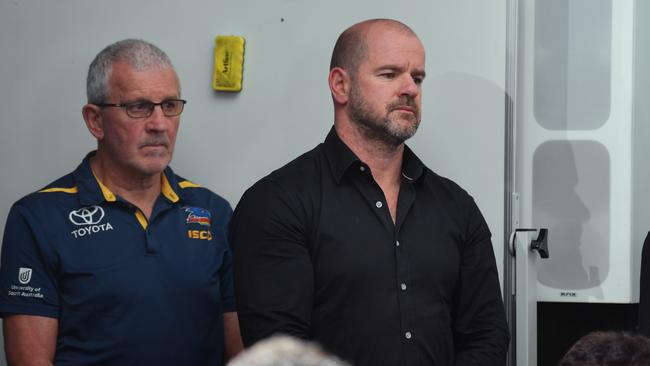 Adelaide Crows football director Mark Ricciuto (right) says the Crows were blindsided by the State Government’s decision. Picture: Mark Brake/Getty Images