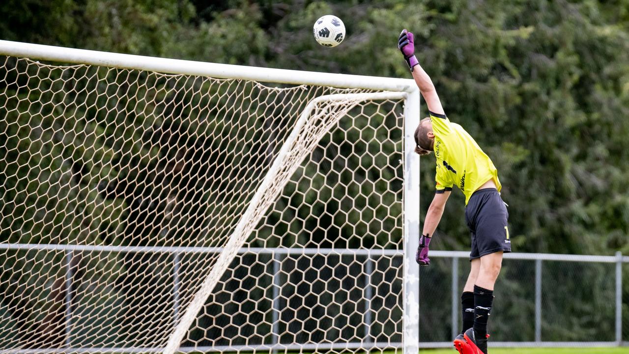 St Albans keeper Braydan Lobwein tips a shot over the bar during a TFL Premier Men's fixture. Picture: DSL Photography