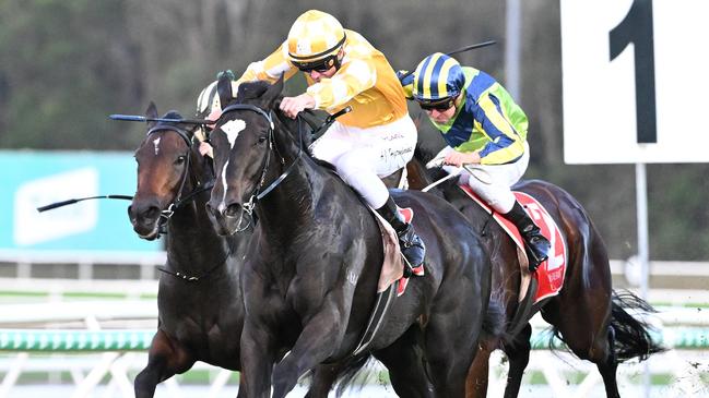 Jockey Adam Hyeronimus wins the Gold Coast Bracelet on Gai Waterhouse and Adrian Bott-trained Amazonian Lass. Picture: Grant Peters, Trackside Photography.