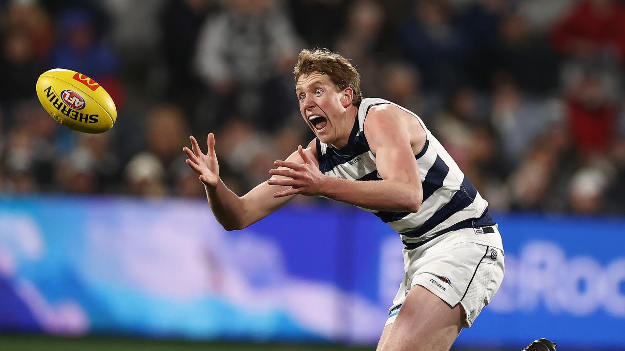 MELBOURNE, AUSTRALIA - August 26 , 2023. AFL . Toby Conway of the Cats during the round 24 match between Geelong and the Western Bulldogs at GMHBA Stadium in Geelong, Australia. Photo by Michael Klein.