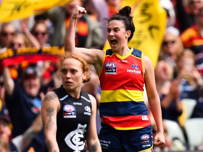 Eloise Jones celebrates after kicking a goal during the AFLW Grand Final match between the Adelaide Crows and the Carlton Blues at Adelaide Oval on March 31. Picture: DANIEL KALISZ/GETTY IMAGES