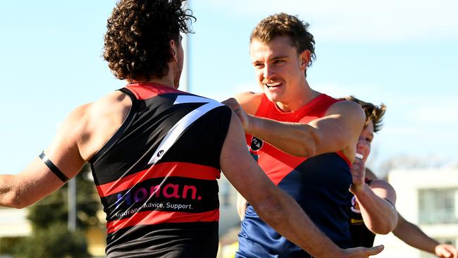 Players wrestle during the match between Old Brighton and Old Xaverians. Picture: Josh Chadwick