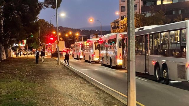 Buses stuck on Glen Osmond Rd, near the city, due to the SE Freeway chaos. Picture: Ryan Pi