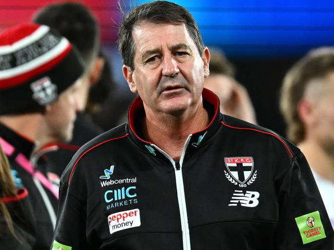 MELBOURNE, AUSTRALIA - JUNE 23: Saints head coach Ross Lyon walks away from talking to his players during the round 14 AFL match between St Kilda Saints and Brisbane Lions at Marvel Stadium, on June 23, 2023, in Melbourne, Australia. (Photo by Quinn Rooney/Getty Images)