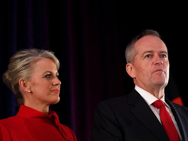 Bill Shorten is supported by his wife Chloe during his concession speech in Melbourne. Picture: AAP/Lukas Coch