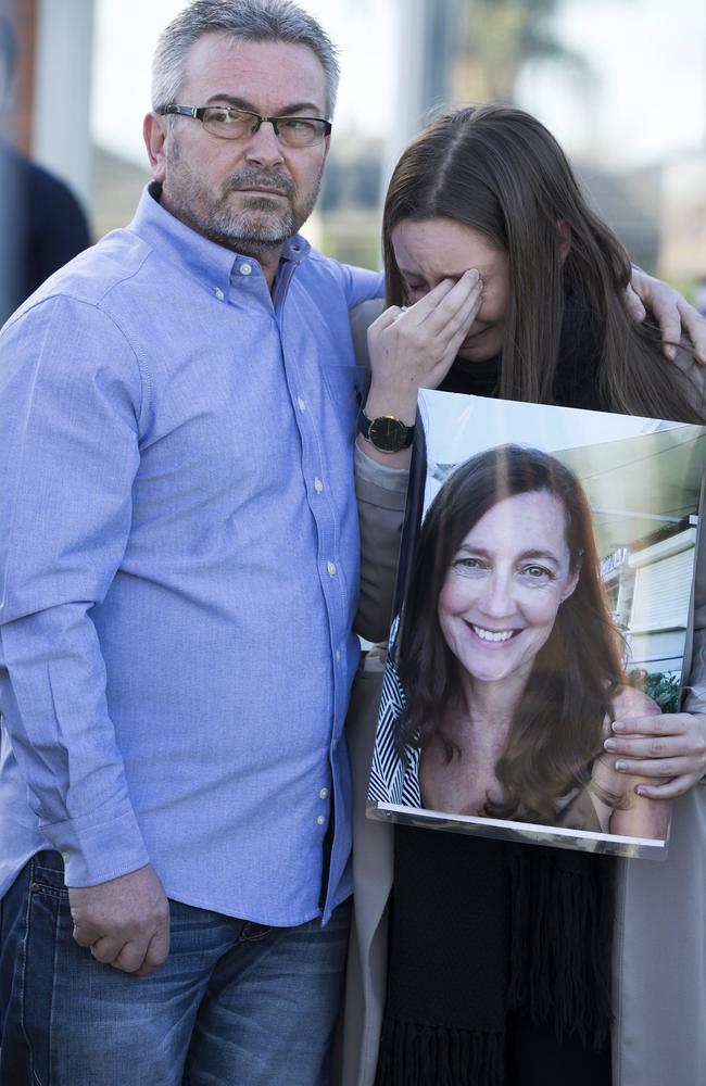 Karen Ristevki’s husband Borce and daughter Sarah during an appeal for information before her body was found. Picture: Sarah Matray